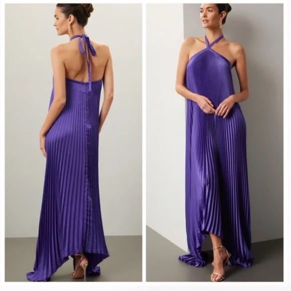 L'IDEE Deesse Purple Pleated Halter Maxi Dress Viola US 8 - Picture 1 of 10